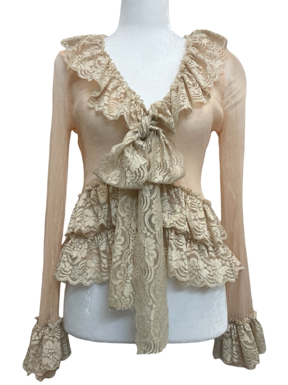 Boston Proper Peach Silk & Lace Ruffle Sheer Peplum Blouse